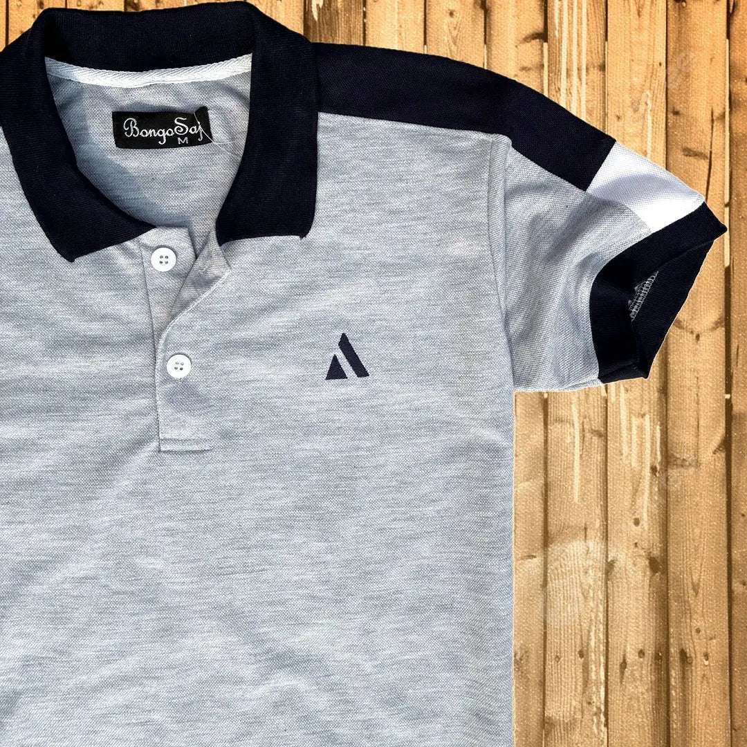 Ash Color Polo T-Shirt with Navy Blue Shoulder Cut