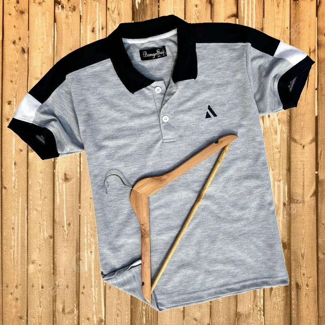 Ash Color Polo T-Shirt with Navy Blue Shoulder Cutsparkcolours