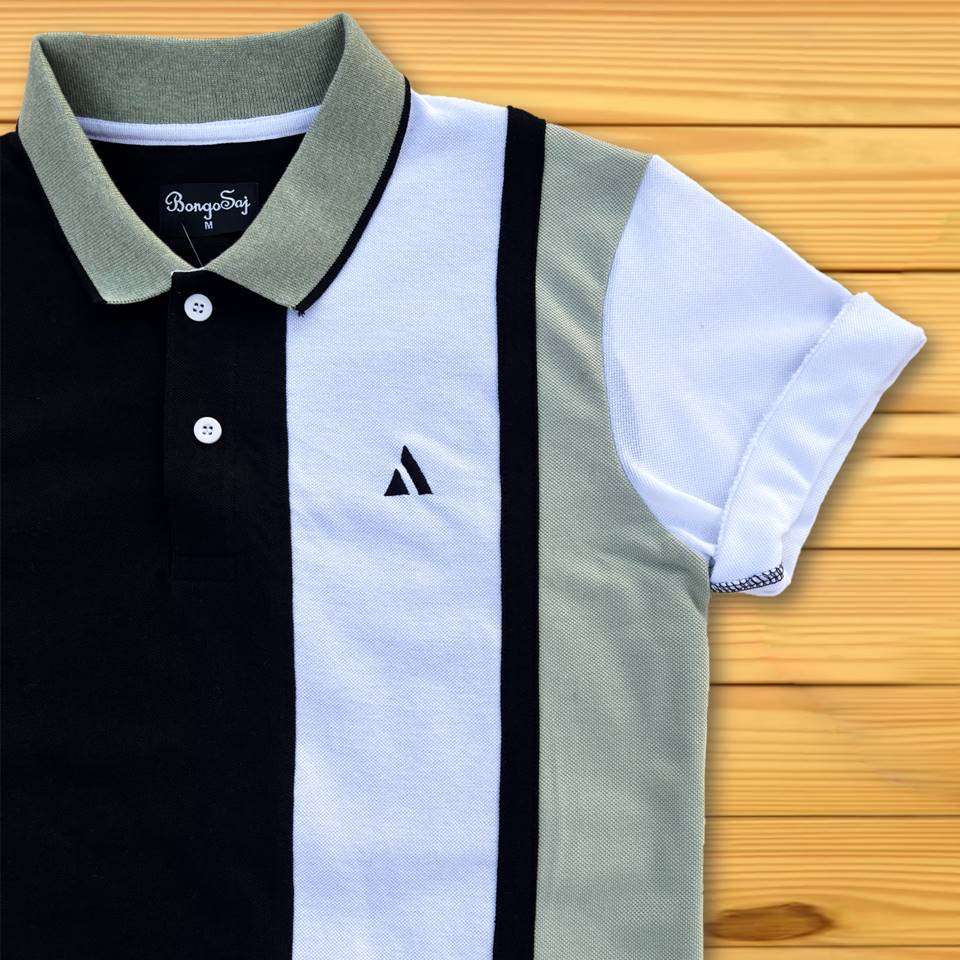 Black Polo T-Shirt Pastel Green & White Vertical Stripes