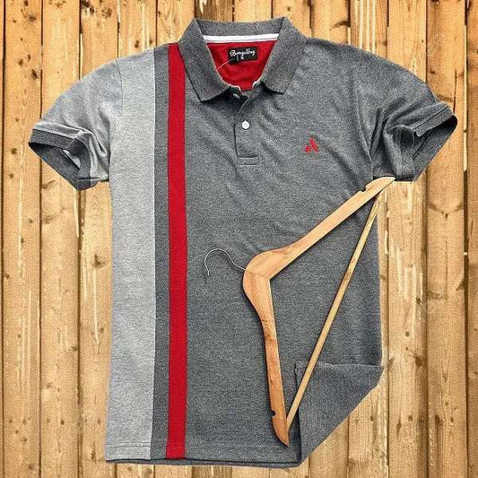 Charcoal Melange Grey Polo T-Shirt with Red Vertical Stripe