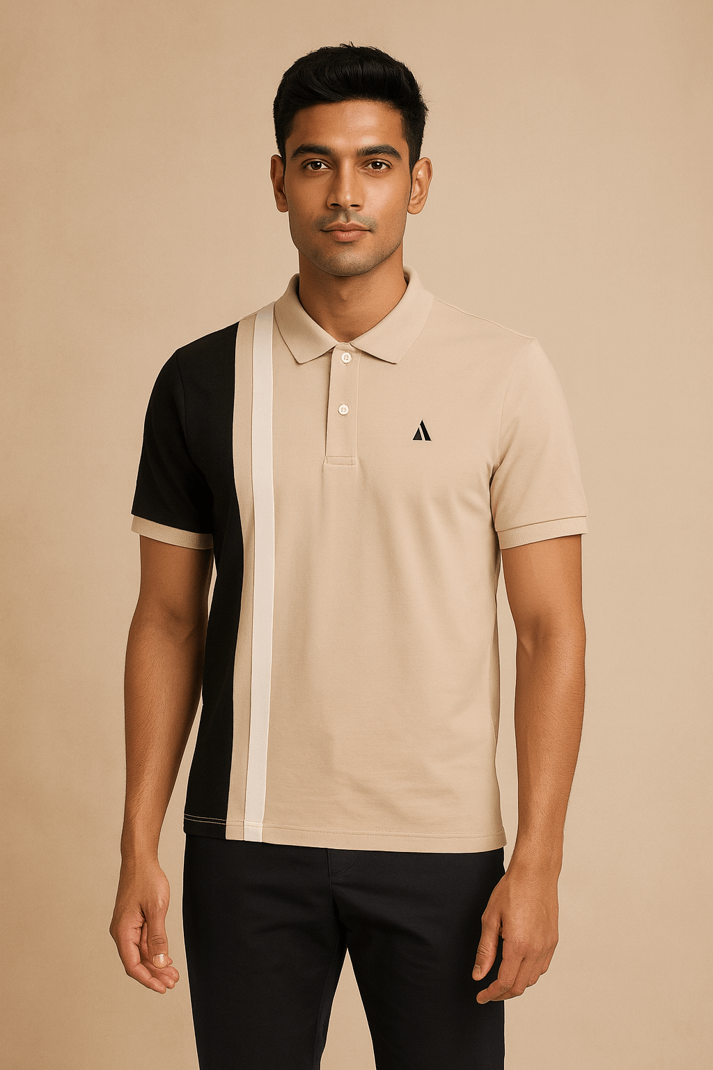 Beige & Black Colorblock Polo T-Shirt with White Stripe