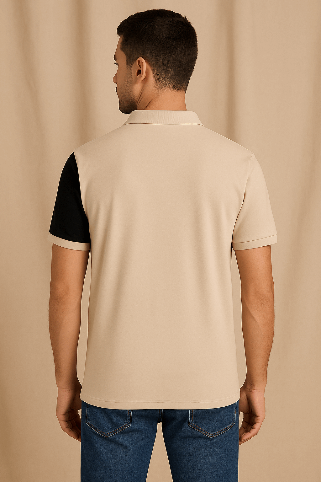 Beige & Black Colorblock Polo T-Shirt with White Stripe