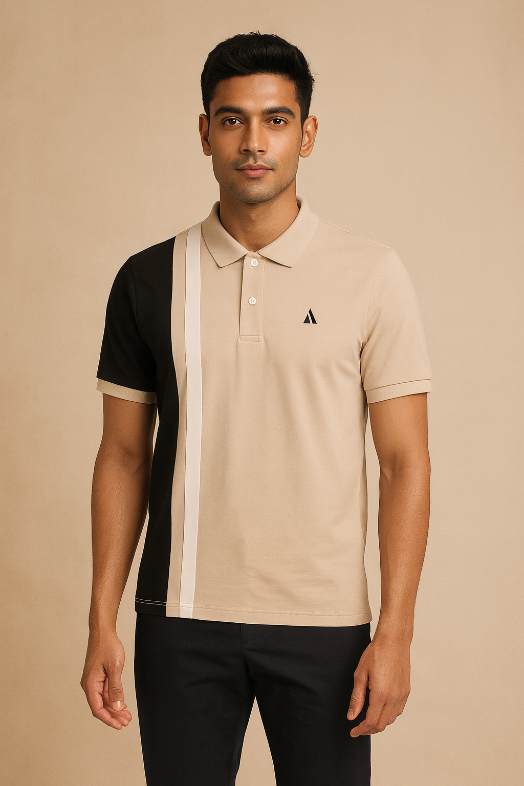 Beige & Black Colorblock Polo T-Shirt with White Stripe