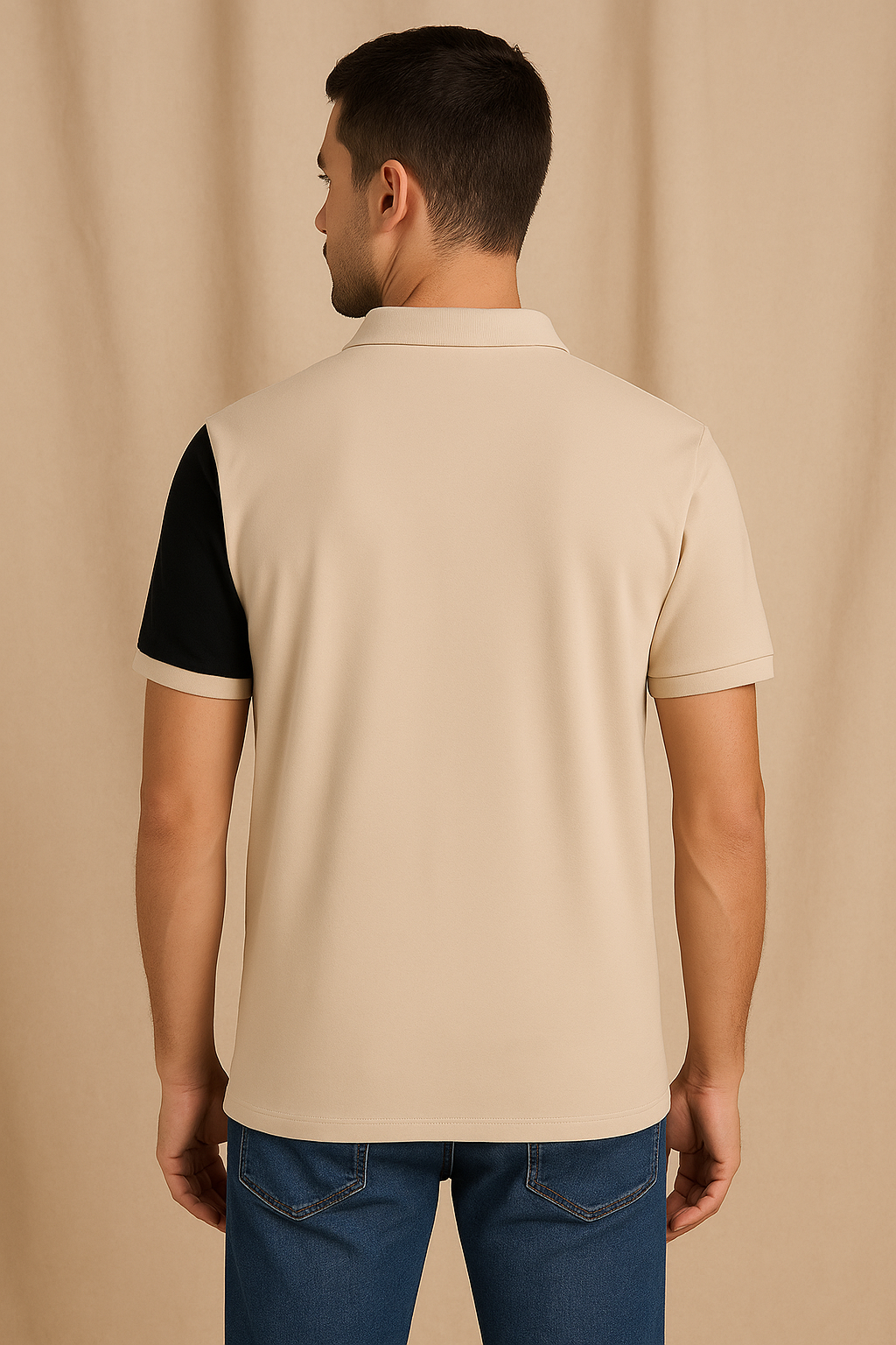 Beige & Black Colorblock Polo T-Shirt with White Stripe