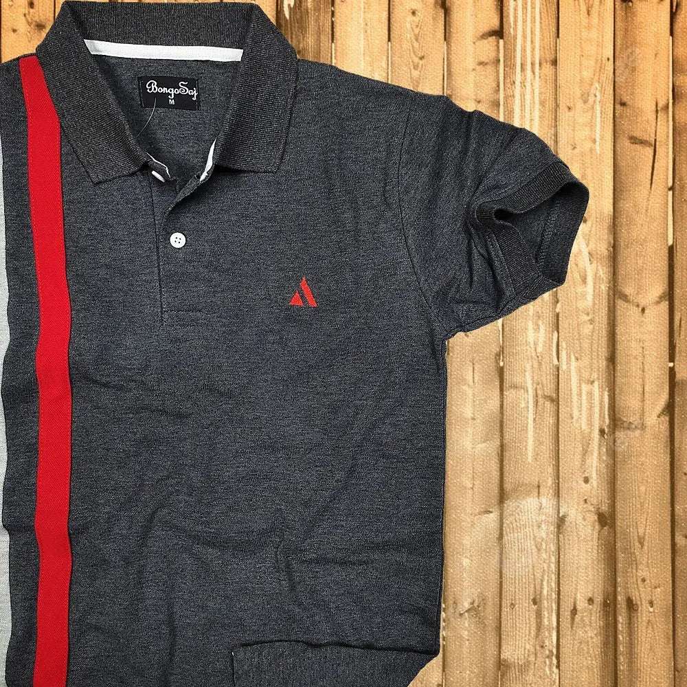 Dark Melange Grey with Red vertical stripe Polo T-Shirt