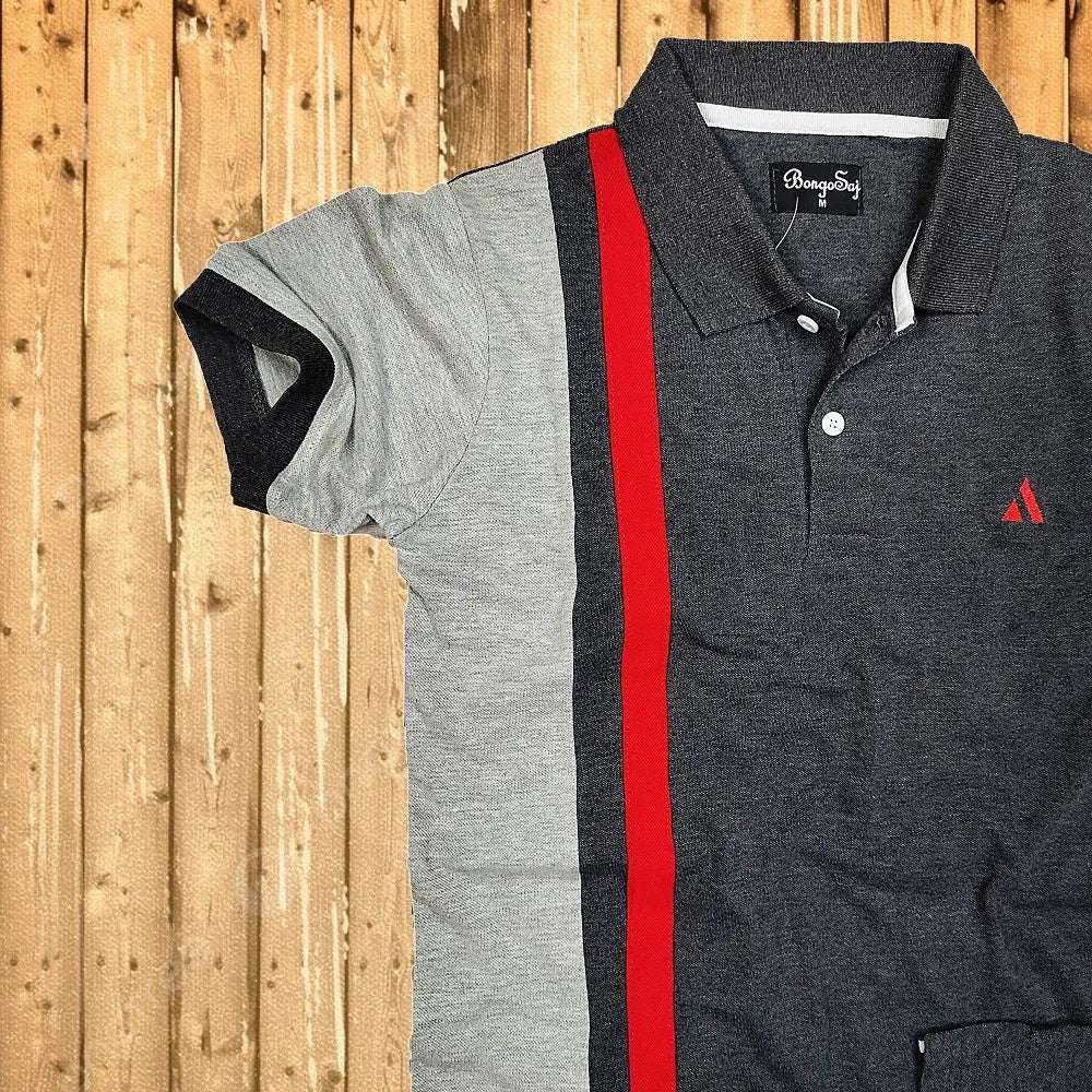Dark Melange Grey with Red vertical stripe Polo T-Shirt