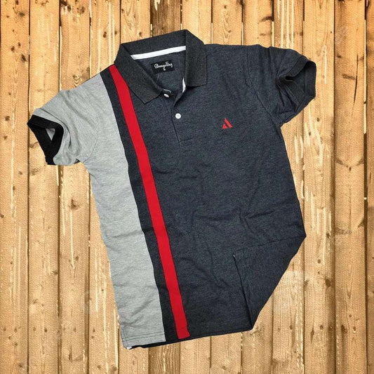 Dark Melange Grey with Red vertical stripe Polo T-Shirt