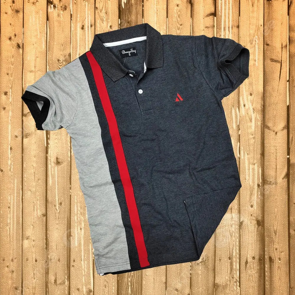 Dark Melange Grey Polo T Shirt with Red Stripe sparkcolours