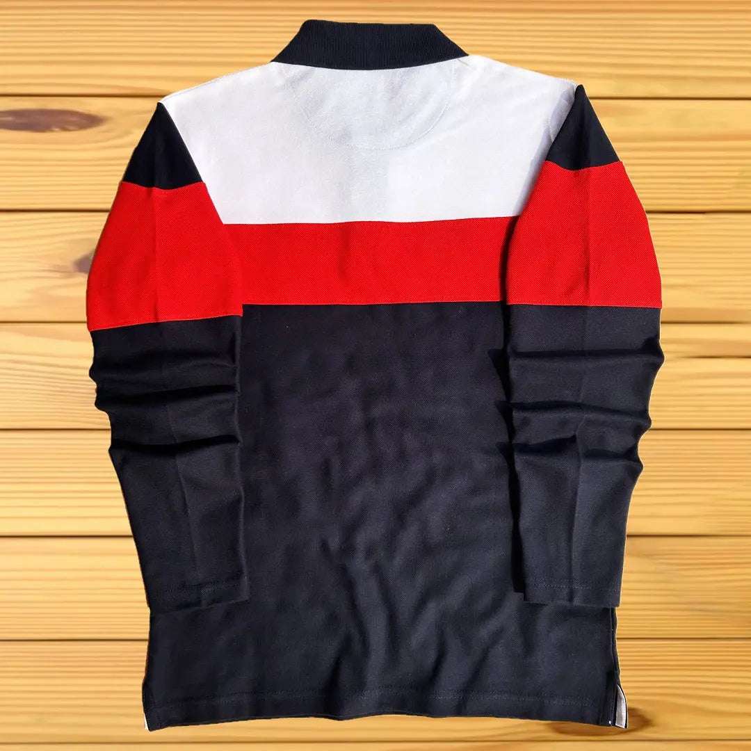 Full Sleeves Polo T-Shirt White Red with Navy Blue