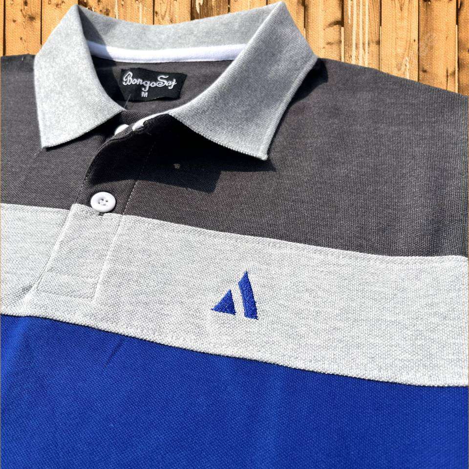 Grey Collar Polo T-Shirt Intense Grey with Blue 3 Stripes