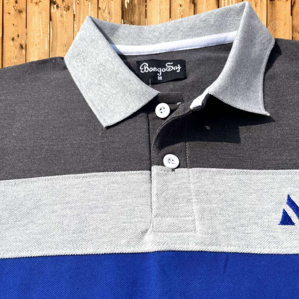 Grey Collar Polo T-Shirt Intense Grey with Blue 3 Stripes