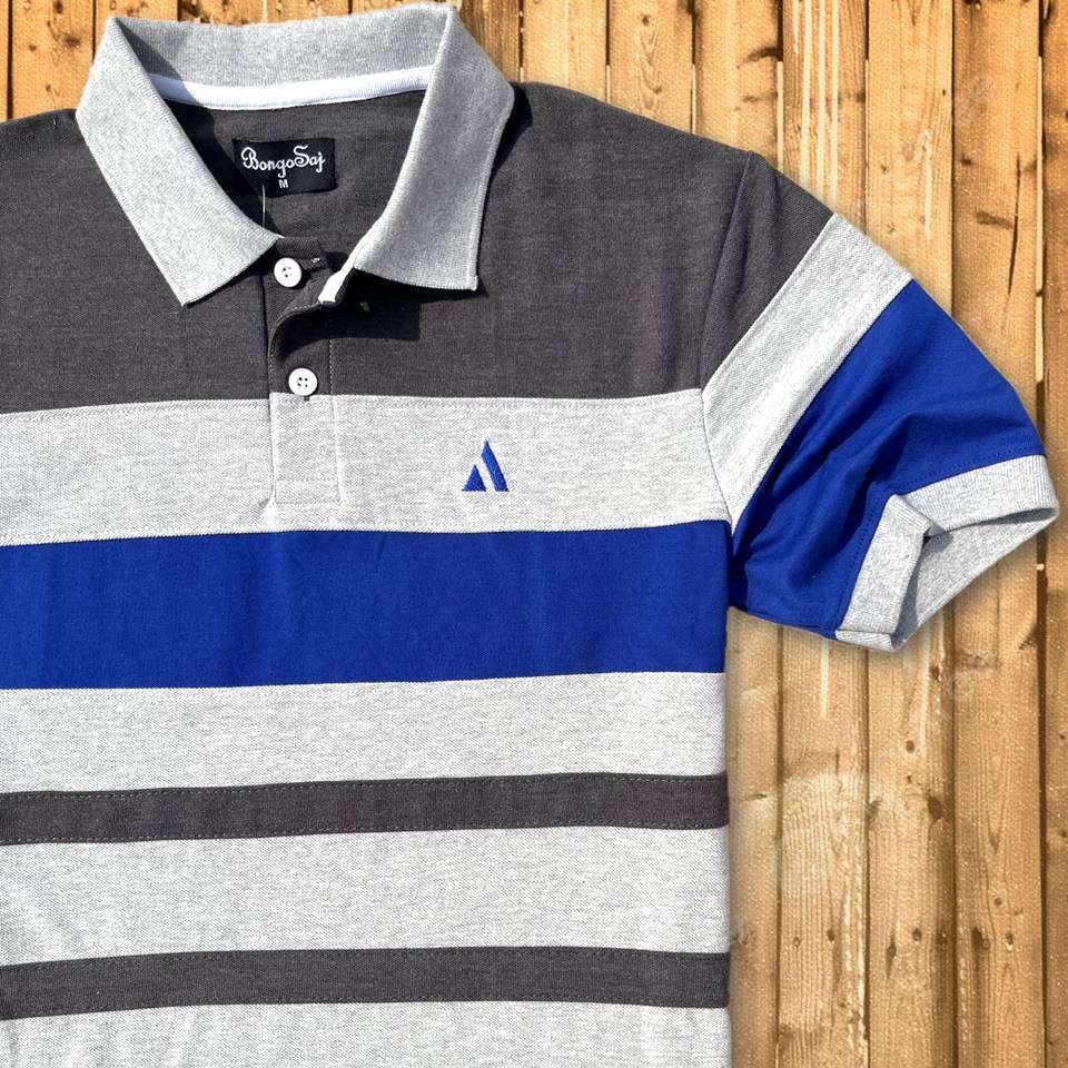 Grey Collar Polo T-Shirt Intense Grey with Blue 3 Stripes