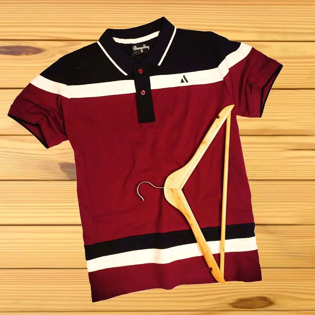 Maroon Polo T-Shirt with White & Black Double Stripes