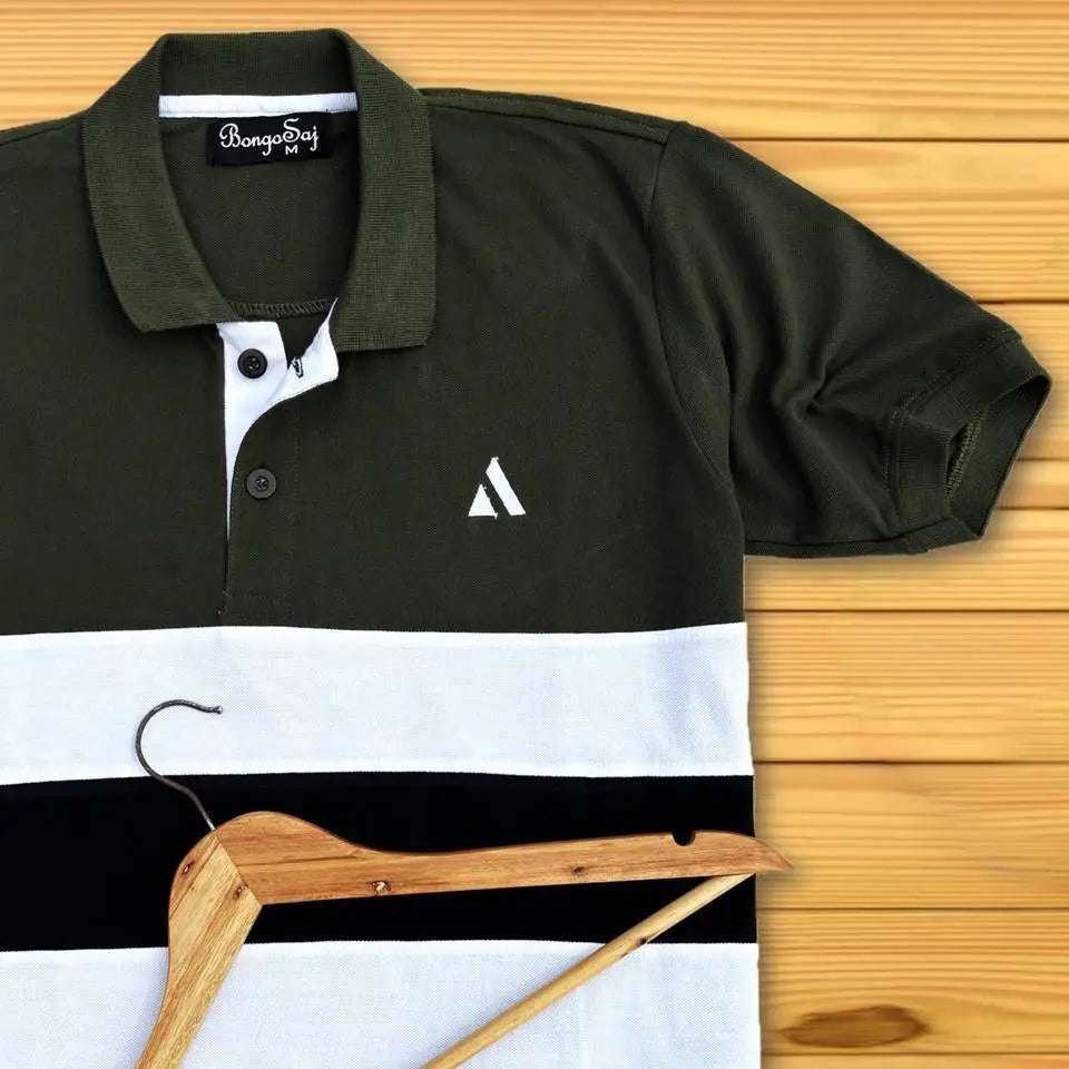 Olive Green Polo T-Shirt White & Black Design