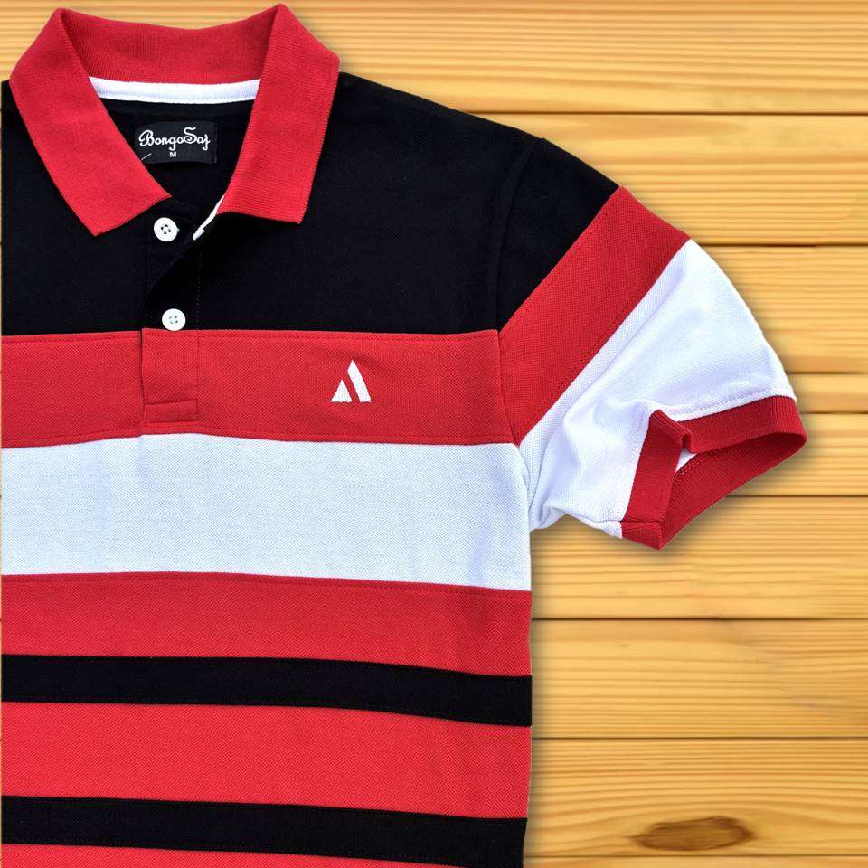 Red Collar Polo T-Shirt Black with White 3 Stripes