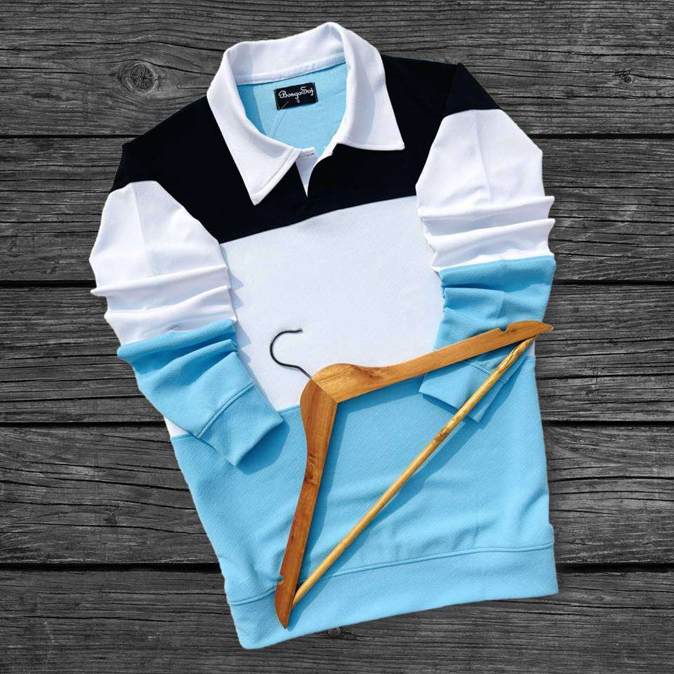 Men's Full Sleeve Collar T-Shirt Sky Blue White - Main Image
