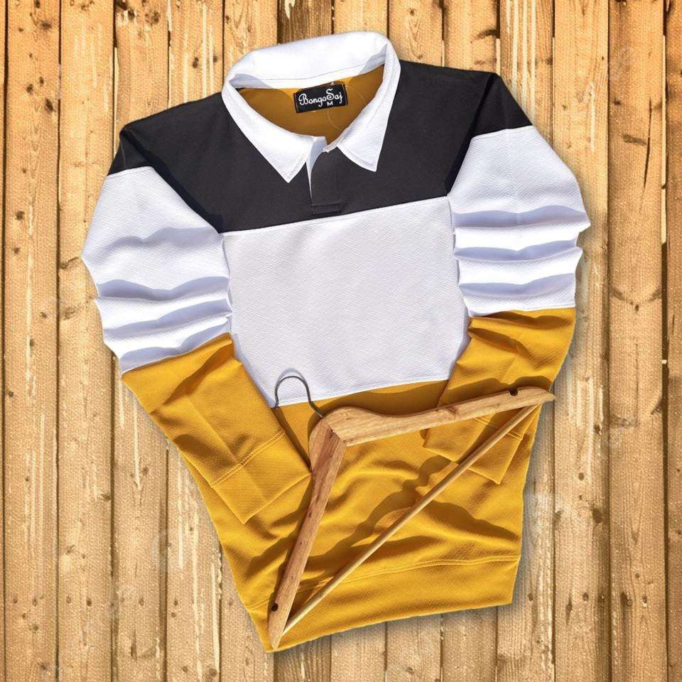 Full sleeve Collar T-Shirt Black White & Corn Yellow