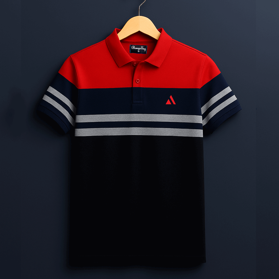 Crimson Red & Black Navy Polo T-Shirt with Melange Pattern