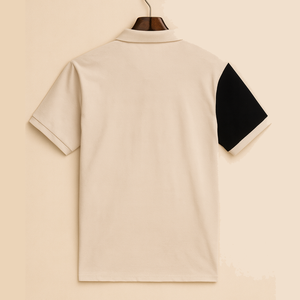Beige & Black Colorblock Polo T-Shirt with White Stripe
