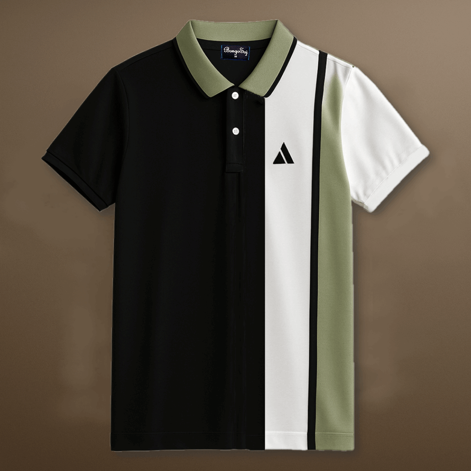 Black Polo T-Shirt Pastel Green & White Vertical Stripes