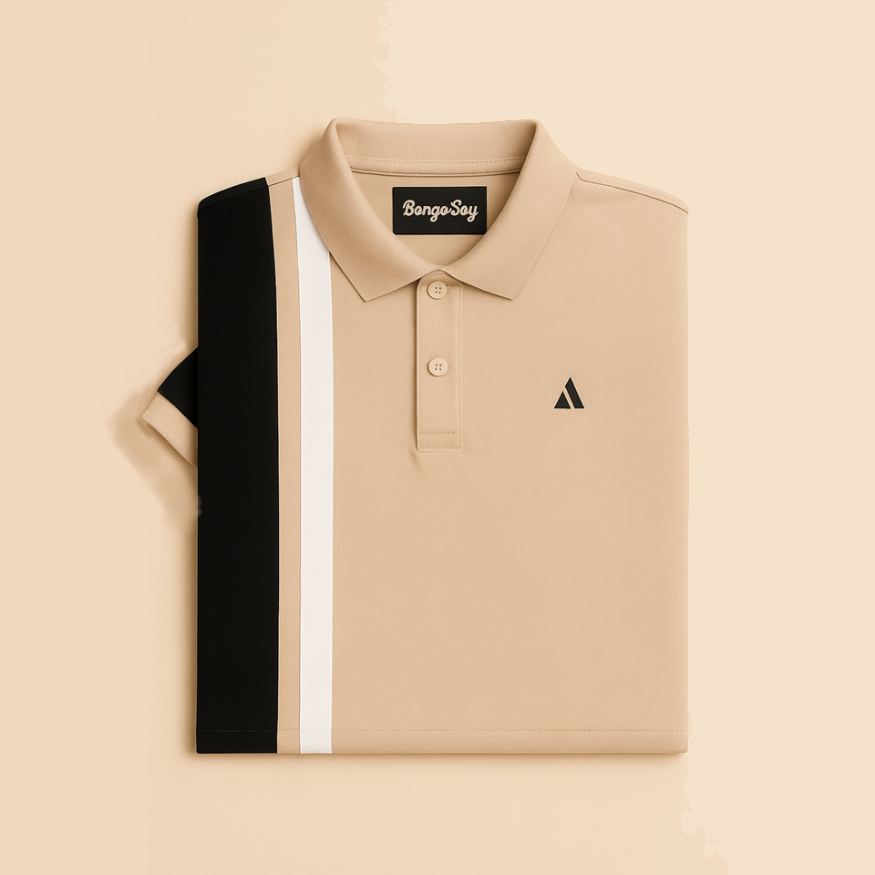 Beige & Black Colorblock Polo T-Shirt with White Stripe