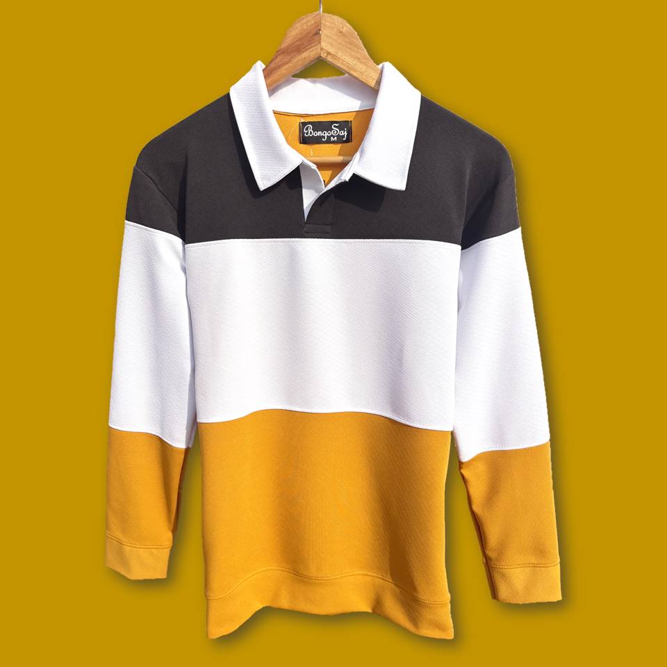 Full sleeve Collar T-Shirt Black White &  Corn Yellow
