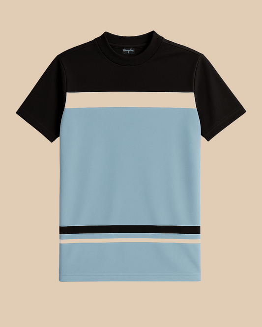 Half Sleeve Lycra Sky Blue Bottom Stripes T-Shirt