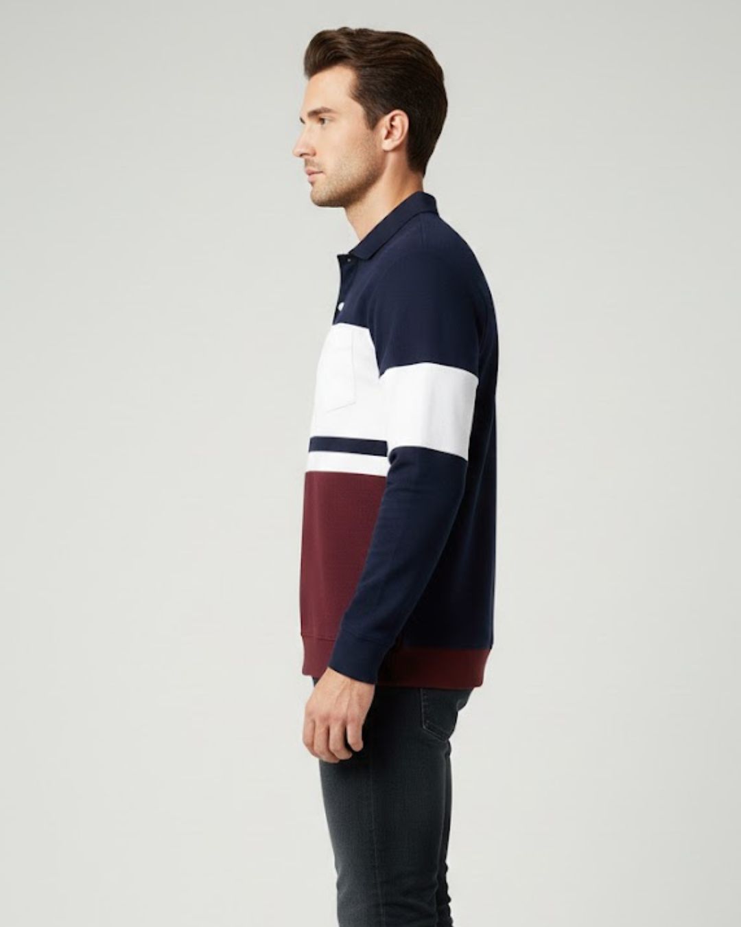 Men’s Full Sleeve Popcorn Fabric Polo T-Shirt – Navy Blue, White & Merun Colorblock