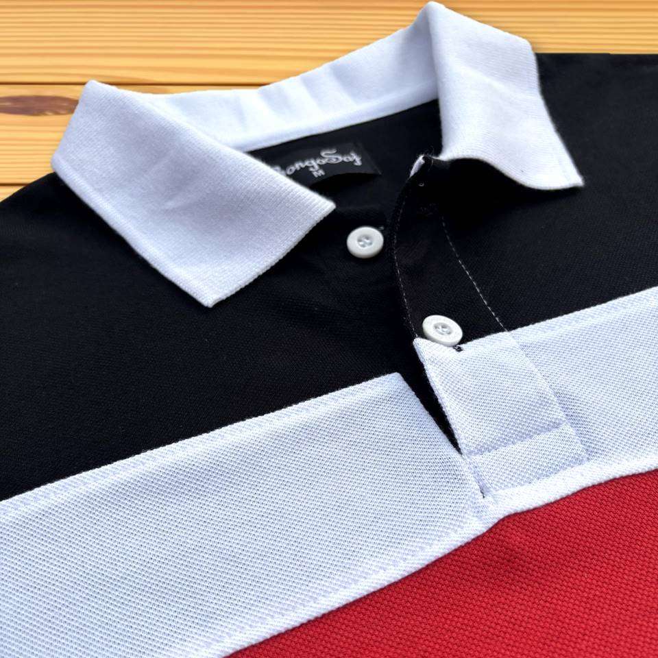 White Collar Polo T-Shirt Black & Red, Black 3 Stripe