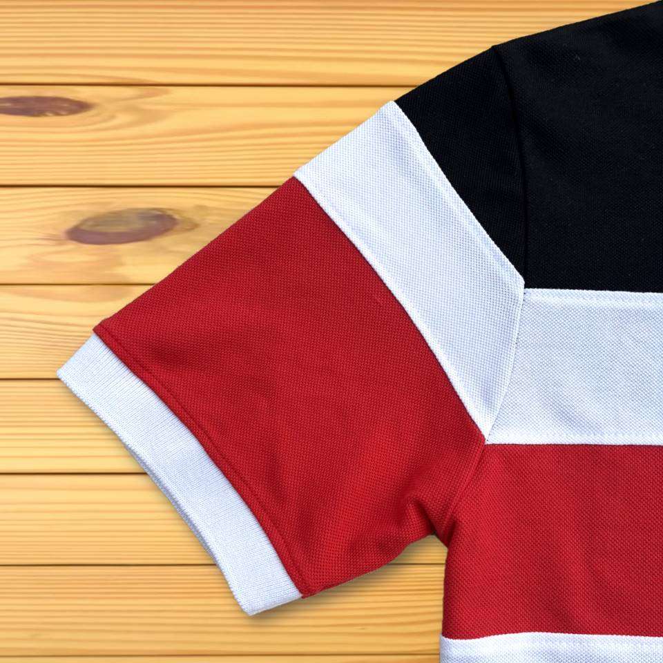 White Collar Polo T-Shirt Black & Red, Black 3 Stripe