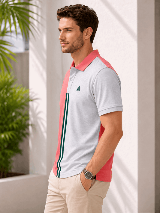 Dual Tone Polo T-Shirt – Coral Pink & Melange Grey