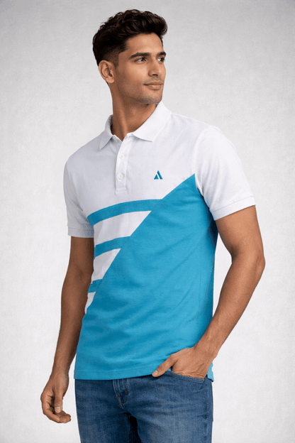 White & Sky Blue 3-Stripe Polo T-Shirt