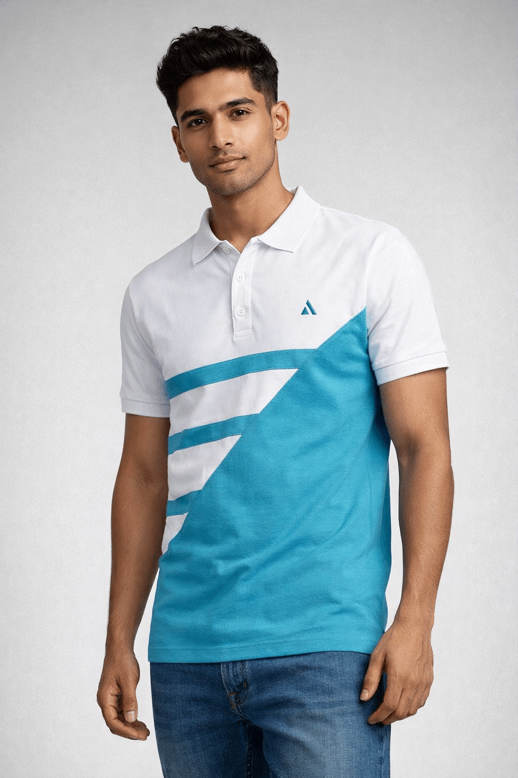 White & Sky Blue 3-Stripe Polo T-Shirt