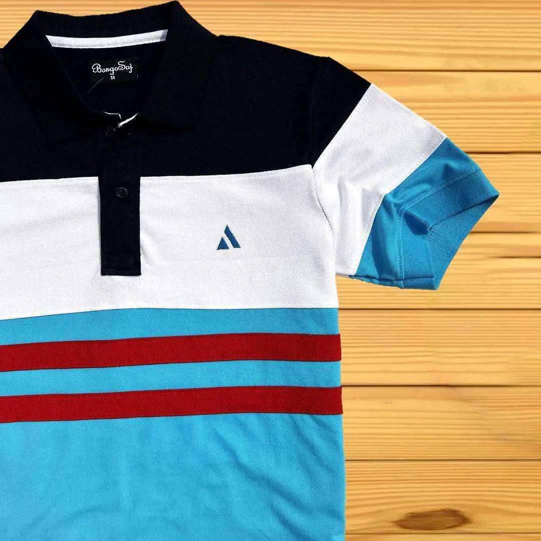 Black, White & Turquoise Blue Polo T-Shirt with Red Stripe