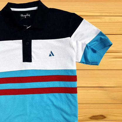Black, White & Turquoise Blue Polo T-Shirt with Red Stripe