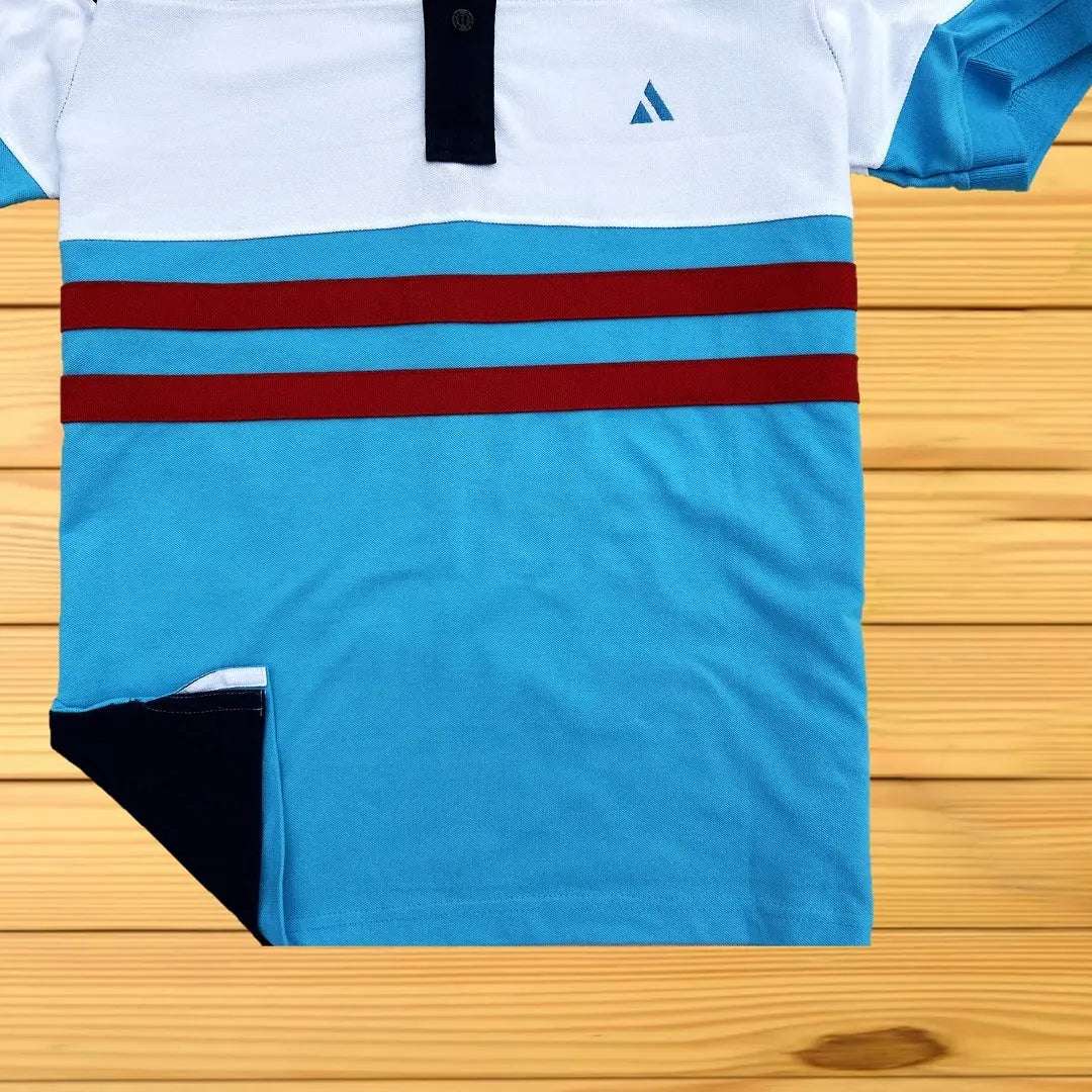 Black, White & Turquoise Blue Polo T-Shirt with Red Stripe