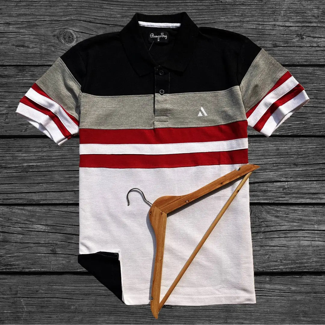 Black Melange White with Red Stripe Polo T-Shirt