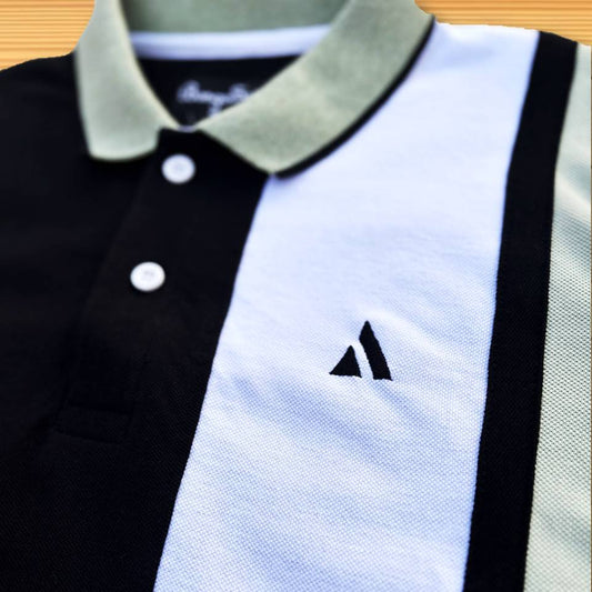 Black Polo T-Shirt Pastel Green & White Vertical Stripes