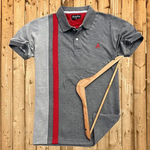 Charcoal Melange Grey Polo T-Shirt with Red Vertical Stripe