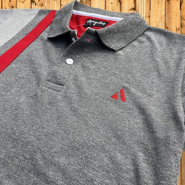 Charcoal Melange Grey Polo T-Shirt with Red Vertical Stripe