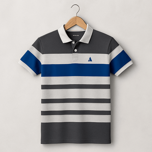 Grey Collar Polo T-Shirt Intense Grey with Blue 3 Stripes