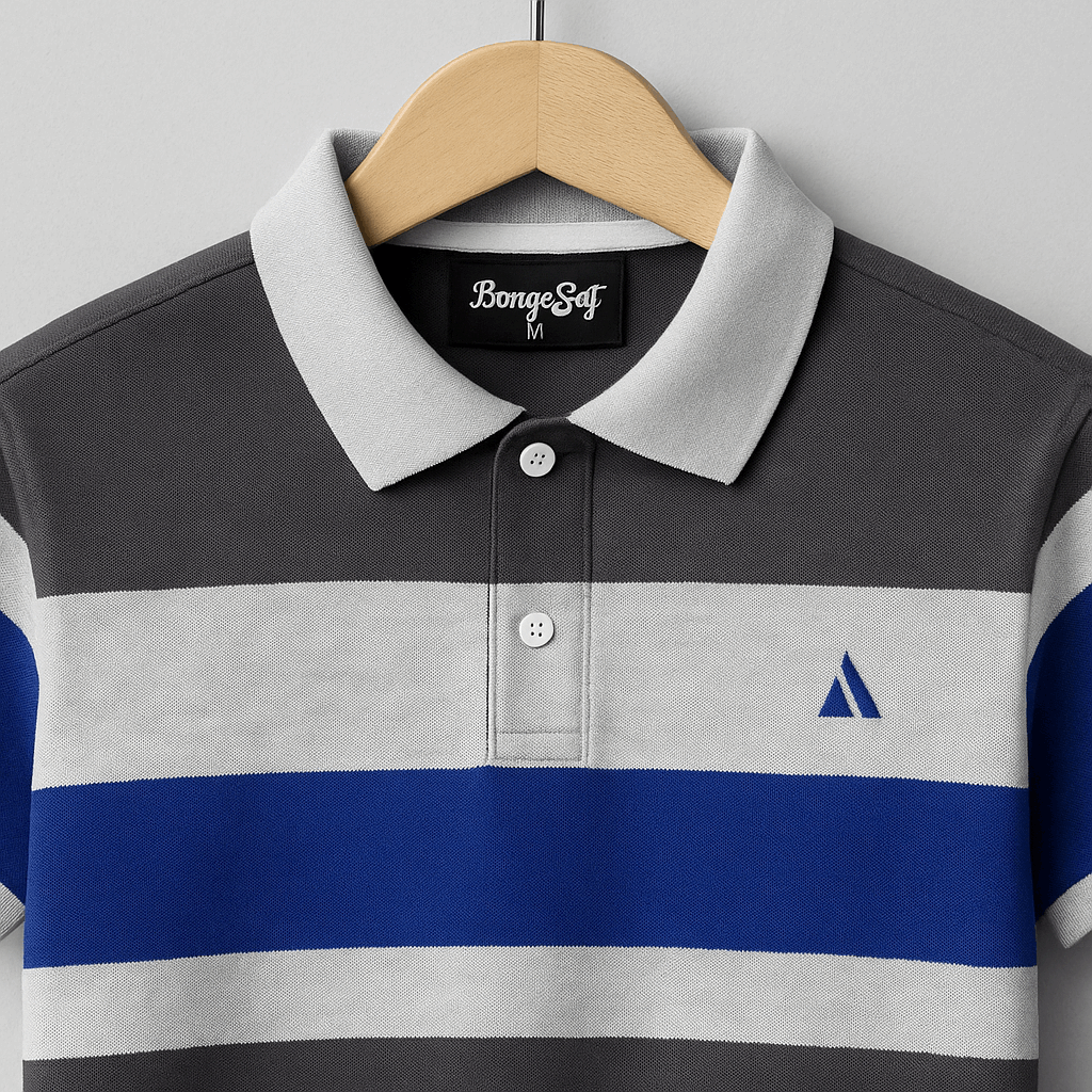 Grey Collar Polo T-Shirt Intense Grey with Blue 3 Stripes