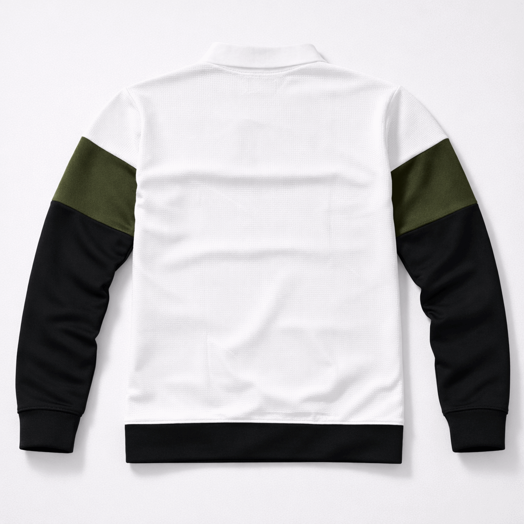 Premium Polo T-Shirt White–Olive Green–Black Colorblock