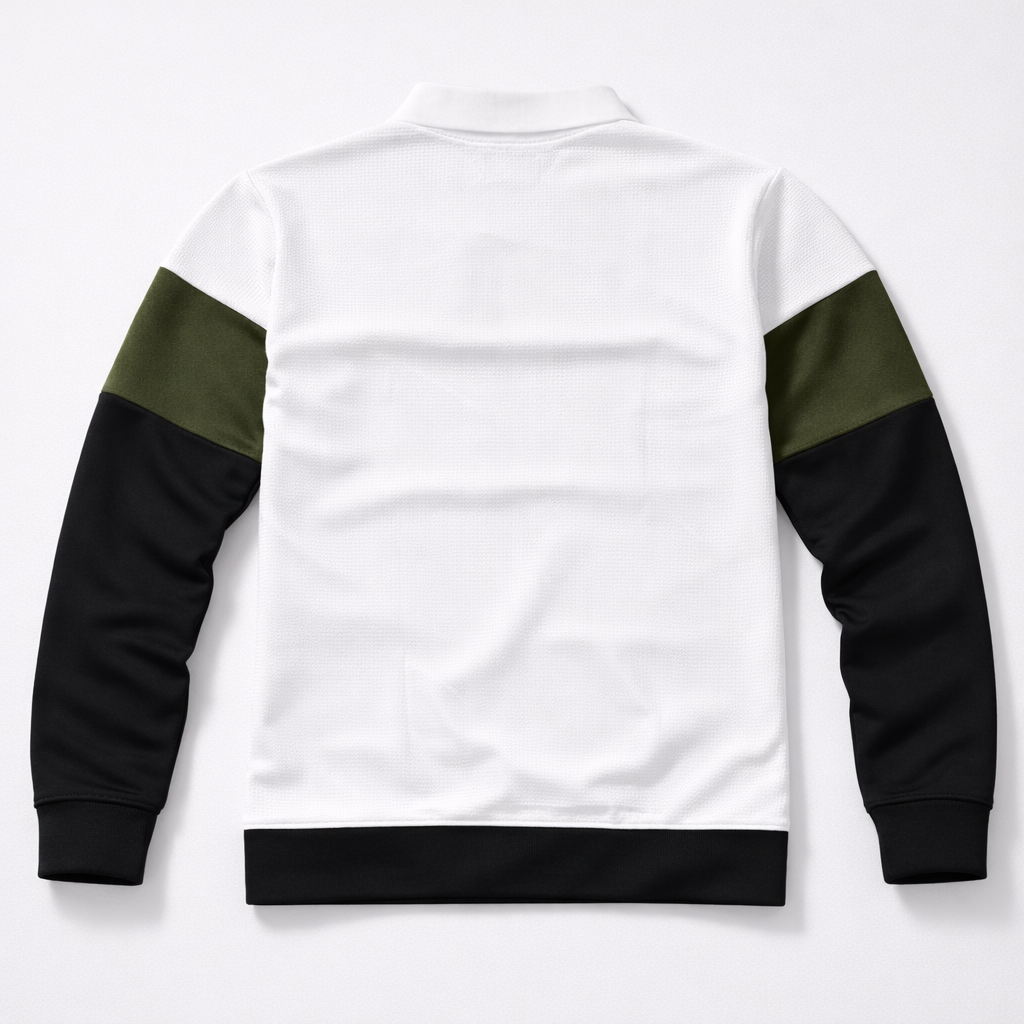 Premium Polo T-Shirt White–Olive Green–Black Colorblock