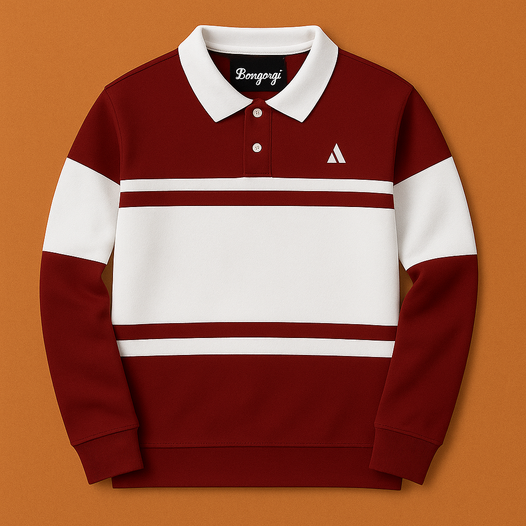 Full Sleeve Collar T-Shirt Maroon & White 2-Stripes new