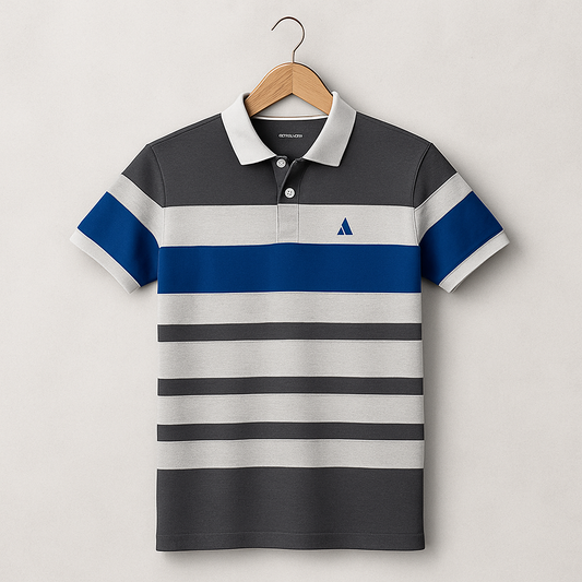 Grey Collar Polo T-Shirt Intense Grey with Blue 3 Stripes