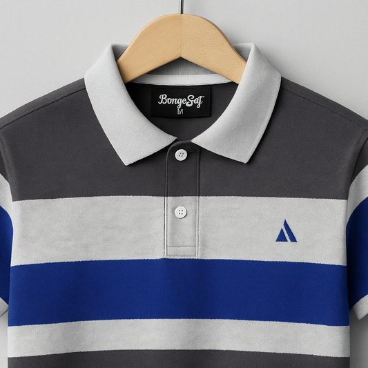 Grey Collar Polo T-Shirt Intense Grey with Blue 3 Stripes