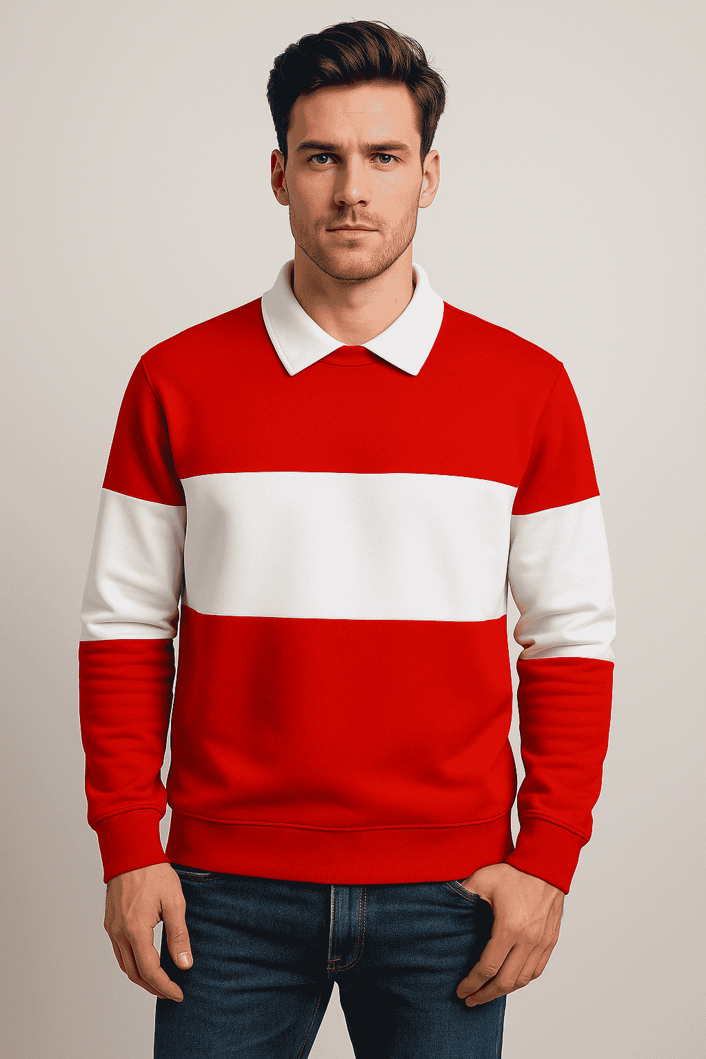 Full Sleeve Collar T-Shirt Red with White