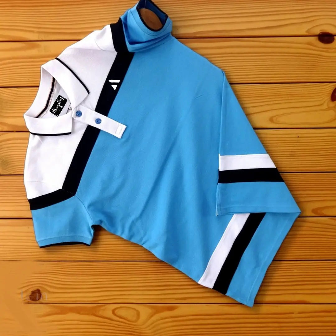 Cyan Blue Polo T-Shirt White and Black Stripes