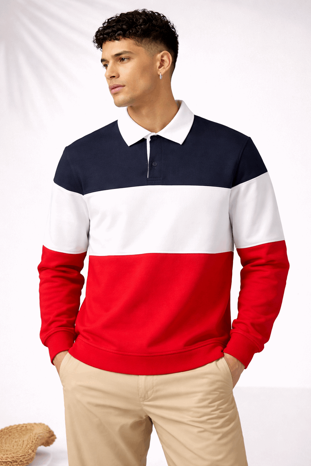 Full Sleeve Collar T-Shirt Black  White & Red
